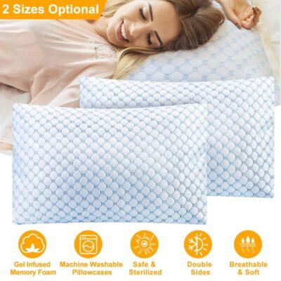 2Pcs Or 1Pc Cooling Memory Foam Pillow Ventilated Soft Bed Pillow With Cooling Gel Infused Memory Foam Machine Washable