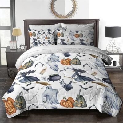 8pcs Halloween Comforter Set, Witch Pattern Bed In A Bag Bedding With Comforter Sheet Sham – 1 Comforter, 2 Pillow Shams, 1 Flat Sheet, 1 Fitted Sheet, 1 Cushion Cover, 2 Pillowcases All Season
