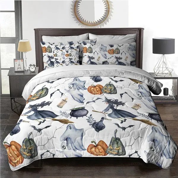 8pcs Halloween Comforter Set, Witch Pattern Bed In A Bag Bedding With Comforter Sheet Sham – 1 Comforter, 2 Pillow Shams, 1 Flat Sheet, 1 Fitted Sheet, 1 Cushion Cover, 2 Pillowcases All Season