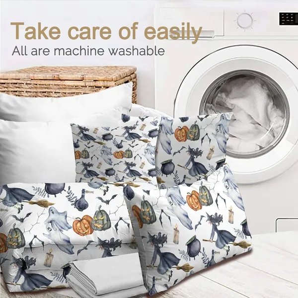 8pcs Halloween Comforter Set, Witch Pattern Bed In A Bag Bedding With Comforter Sheet Sham – 1 Comforter, 2 Pillow Shams, 1 Flat Sheet, 1 Fitted Sheet, 1 Cushion Cover, 2 Pillowcases All Season - 4