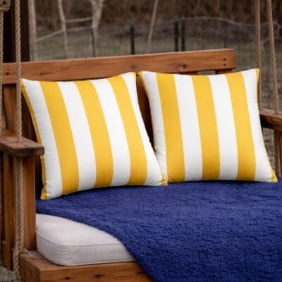 2 Pack Outdoor Throw Pillows, Waterproof & Fade-Resistant Patio Cushions For Garden, Porch, Poolside Furniture – Soft & Comfortable Decorative Pillow Covers 18×18 Inch, Yellow White