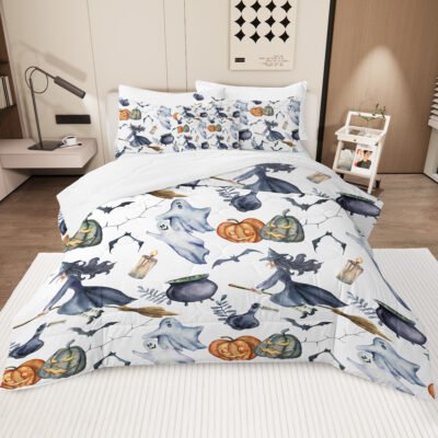 8 Pieces Halloween Comforter Set, Witch Pattern Bed In A Bag Bedding With Comforter Sheet Sham – 1 Comforter, 2 Pillow Shams, 1 Flat Sheet, 1 Fitted Sheet, 1 Cushion Cover, 2 Pillowcases