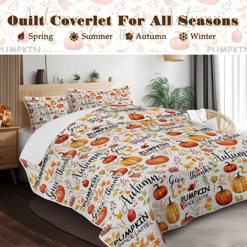 3pcs Pumpkin Autumn Leaves Design Quilt Set All Seasons Bedding Quilt Bed Set With 2 Pillowcases For Kids Teens Adults Bedroom