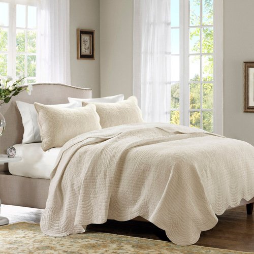3 Piece Reversible Scalloped Edge Quilt Set Cream King Cal King - 6