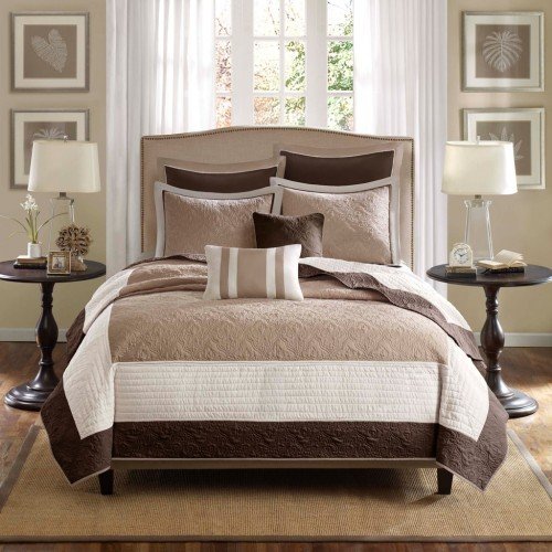 7 Piece Quilt Set With Euro Shams And Throw Pillows Beige FullQueen - 7