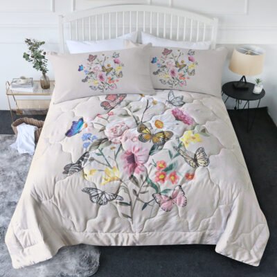 Butterfly Flower Comforter Light Pink Bedding Sets Twin For Girls Women, 1 Soft Comforter And 2 Pillowcases Suit For All Season Use