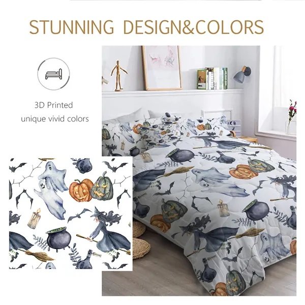 8pcs Halloween Comforter Set, Witch Pattern Bed In A Bag Bedding With Comforter Sheet Sham – 1 Comforter, 2 Pillow Shams, 1 Flat Sheet, 1 Fitted Sheet, 1 Cushion Cover, 2 Pillowcases All Season - 3