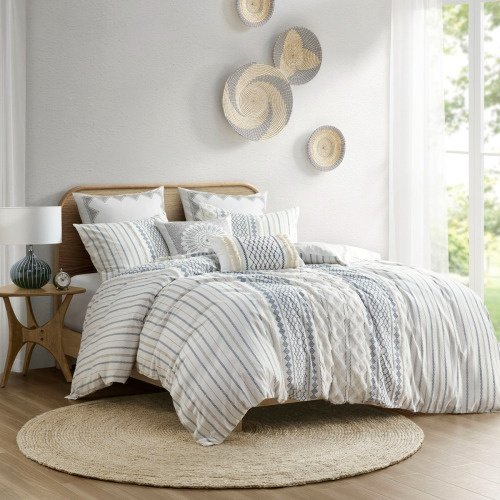 King Cal King Cotton Printed Duvet Cover Set With Chenille - 10