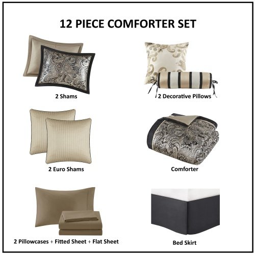 12 Piece Comforter Set With Cotton Bed Sheets Black Queen - 2