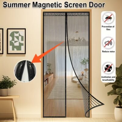 1 Black Magnetic Screen Door Curtain – Pet-friendly, No-drill Installation, Durable Fine Mesh With Strong Magnets, Breathable And Tear-resistant, Includes Push Pins And Double-sided Tape, Magnetic Doo