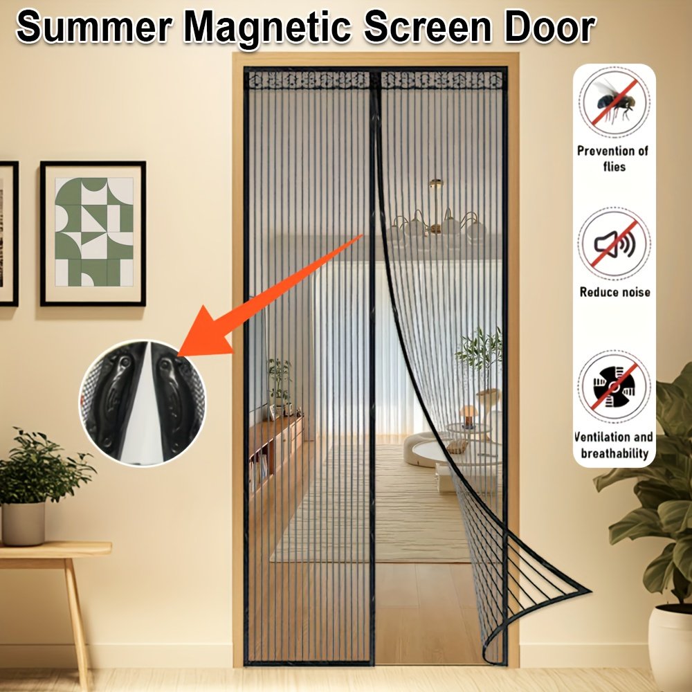 1 Black Magnetic Screen Door Curtain – Pet-friendly, No-drill Installation, Durable Fine Mesh With Strong Magnets, Breathable And Tear-resistant, Includes Push Pins And Double-sided Tape, Magnetic Doo