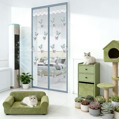 Durable Mosquito Mesh Door, Butterfly Embroidery, Magnetic Auto-Close, Thick Net, Self-Adhesive, Easy Install, Bedroom, Kitchen, Living Room, Balcony