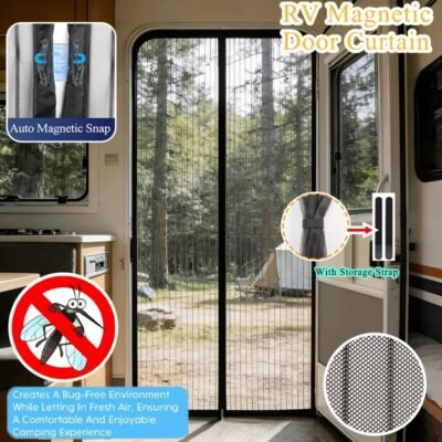 1pc RV Magnetic Screen Door – Easy To Install, Breathable, Mosquito-proof With Storage Straps, Suitable For Camper Vans, Trailers And RVs With Automatic Closing Screen Curtain, Screen Door
