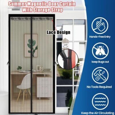 Magnetic Screen Door Curtain – Manual Or Automatic Close, Black Stripe Design, Mosquito-proof Summer Breathable Partition, Suitable For Living Room, Bedroom, Garage, Kitchen – No Drilling Needed, Idea