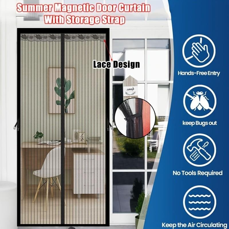 Magnetic Screen Door Curtain – Manual Or Automatic Close, Black Stripe Design, Mosquito-proof Summer Breathable Partition, Suitable For Living Room, Bedroom, Garage, Kitchen – No Drilling Needed, Idea