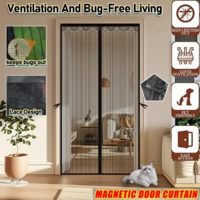 A Magnetic Mosquito-proof Door Curtain Made Of Fine Mesh Material That Effectively Keeps Mosquitoes Away. It Features A Lace Design And Convenient Storage Straps, With A Magnetic Centre That Lets Pets