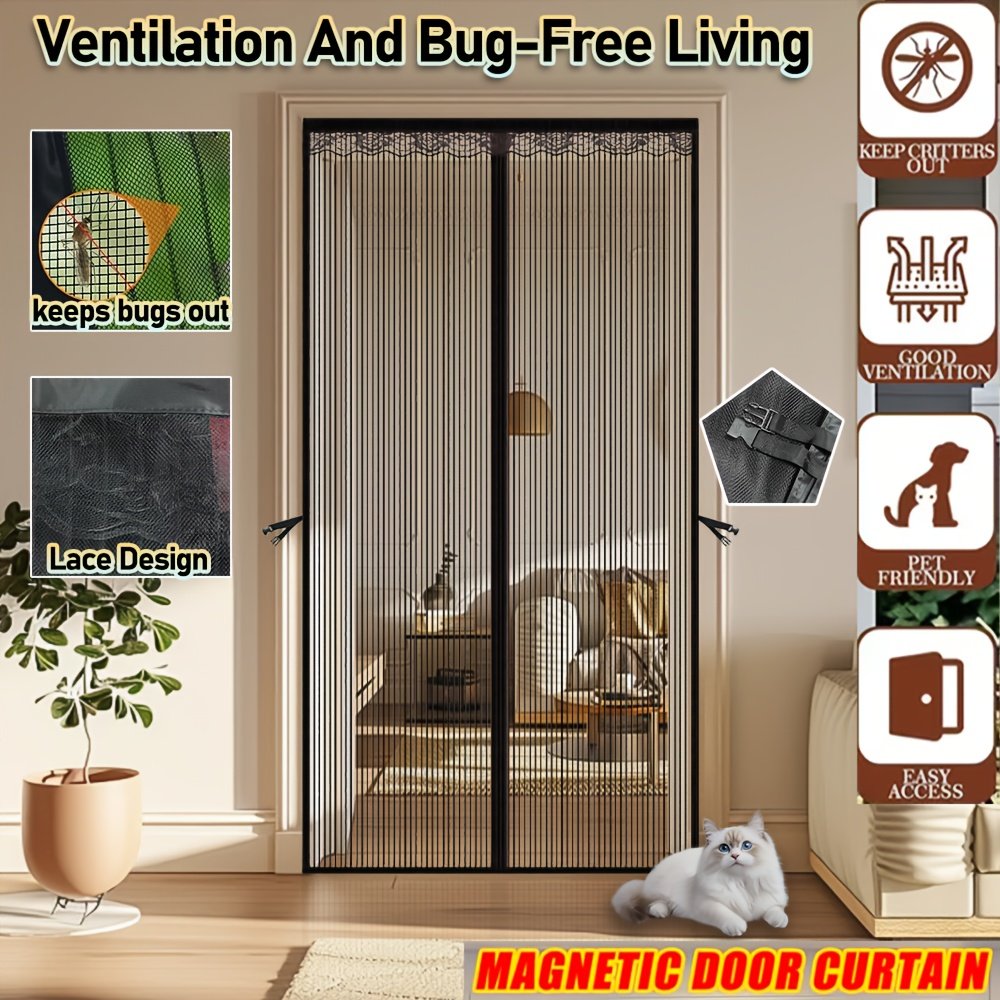 A Magnetic Mosquito-proof Door Curtain Made Of Fine Mesh Material That Effectively Keeps Mosquitoes Away. It Features A Lace Design And Convenient Storage Straps, With A Magnetic Centre That Lets Pets